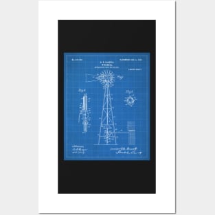 Windmill Patent - Farmer Rancher Country Farmhouse Art - Blueprint Posters and Art